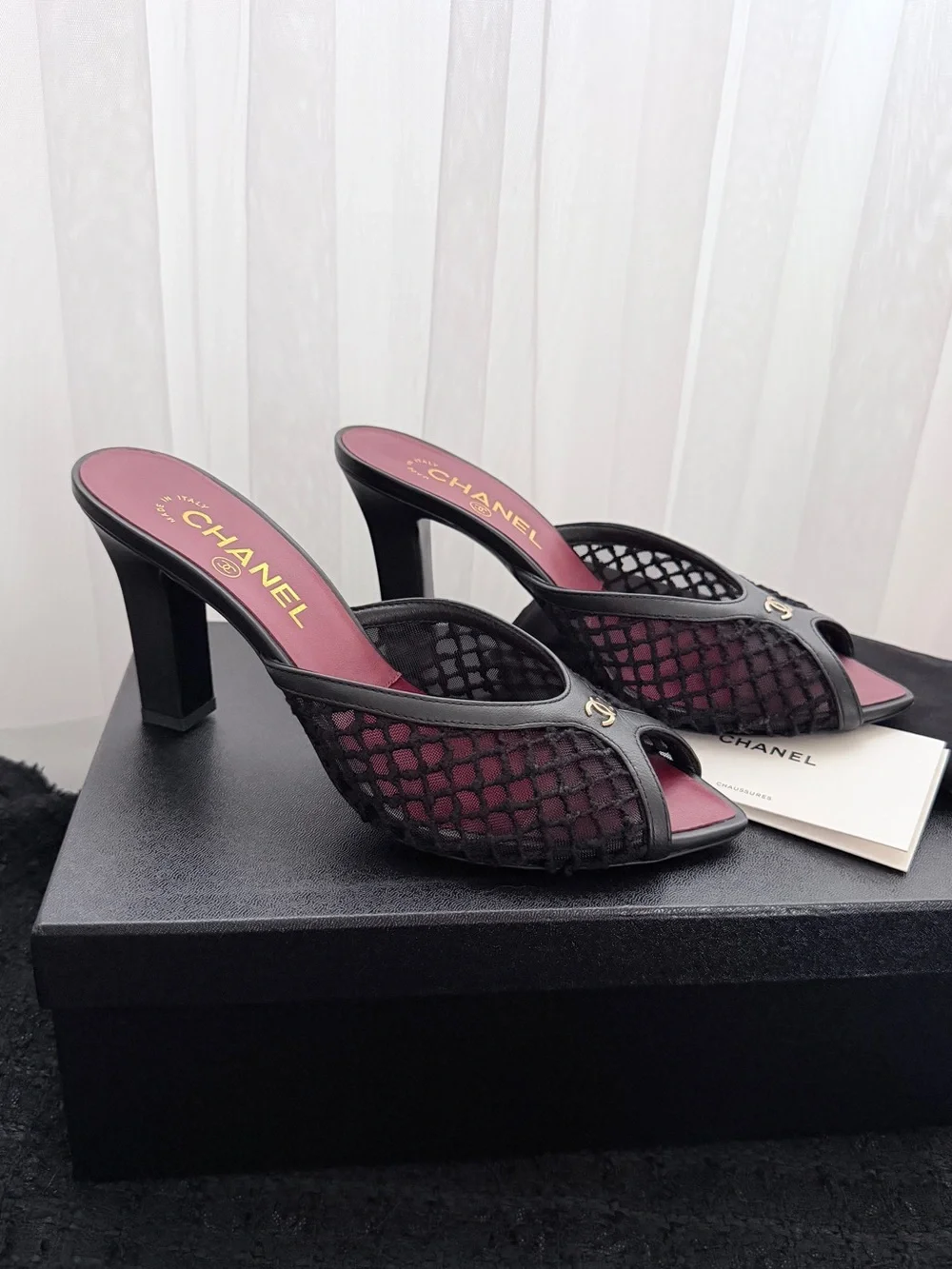 Auth Chanel 26M Coco Beach Mesh CC Logo Black Mules - Size 38